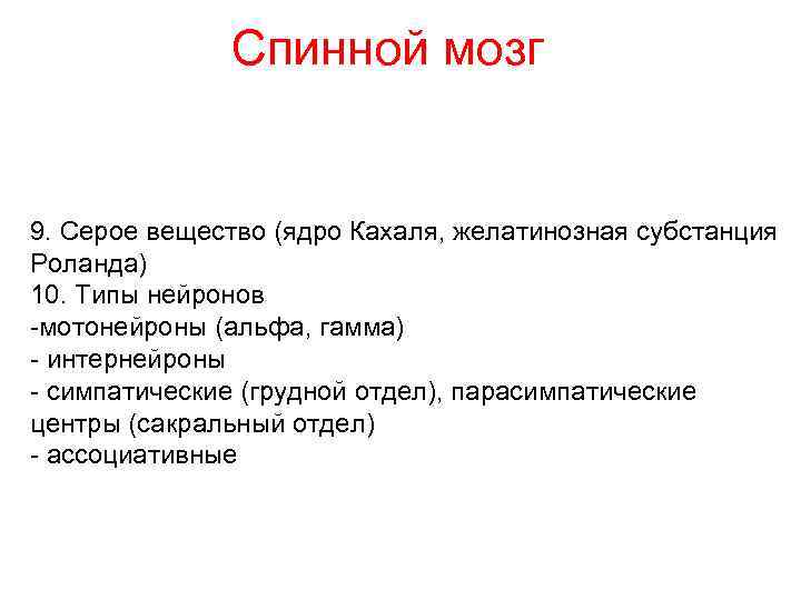 Спинной мозг 9. Серое вещество (ядро Кахаля, желатинозная субстанция Роланда) 10. Типы нейронов -мотонейроны