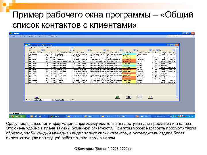 Пример рабочего окна программы – «Общий список контактов с клиентами» Сразу после внесения информации