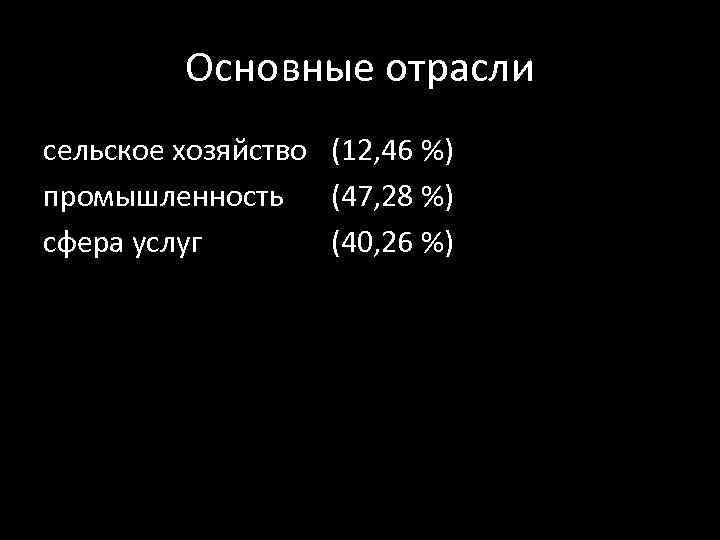 Основные отрасли сельское хозяйство (12, 46 %) промышленность (47, 28 %) сфера услуг (40,