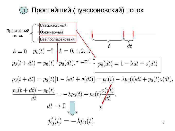 4 Простейший (пуассоновский) поток • Стационарный Простейший поток • Ординарный • Без последействия 0