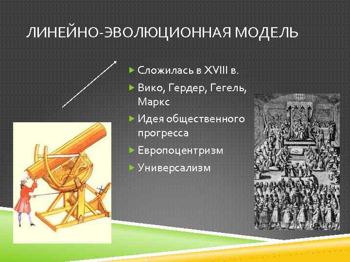 ЛИНЕЙНО-ЭВОЛЮЦИОННАЯ МОДЕЛЬ Сложилась в XVIII в. Вико, Гердер, Гегель, Маркс Идея общественного прогресса Европоцентризм