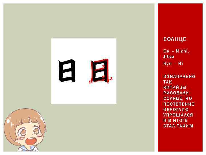 СОЛНЦЕ Он – Nichi, Jitsu Кун – Hi ИЗНАЧАЛЬНО ТАК КИТАЙЦЫ РИСОВАЛИ СОЛНЦЕ, НО