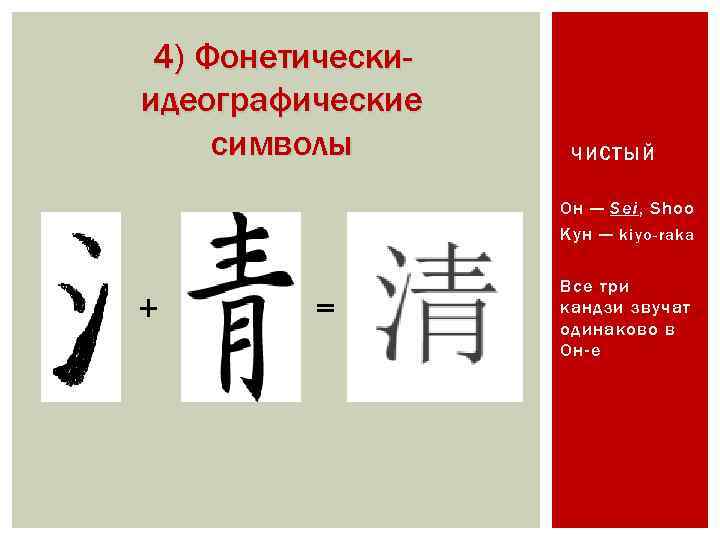 4) Фонетическиидеографические символы ЧИСТЫЙ Он — Sei, Shoo Кун — kiyo-raka + = Все