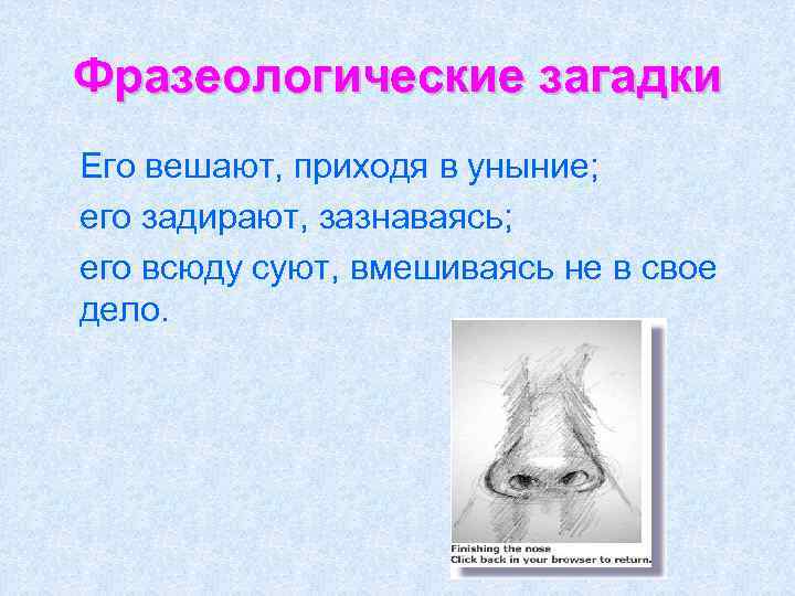 Фразеологические загадки Его вешают, приходя в уныние; его задирают, зазнаваясь; его всюду суют, вмешиваясь