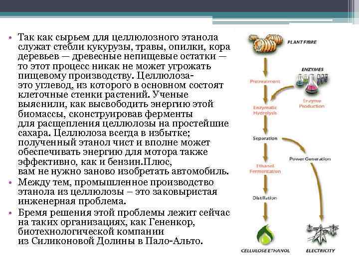  • Так как сырьем для целлюлозного этанола служат стебли кукурузы, травы, опилки, кора