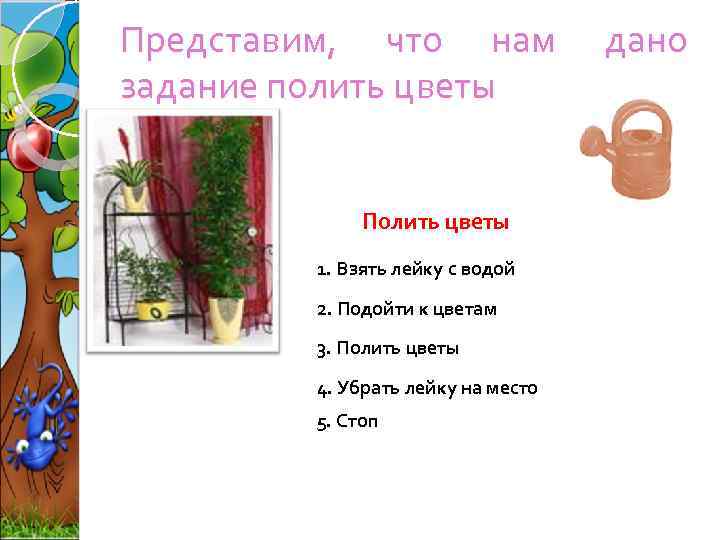 Представим, что нам задание полить цветы Полить цветы 1. Взять лейку с водой 2.