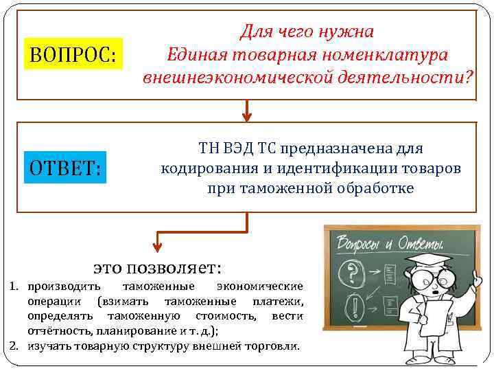 ВОПРОС: ОТВЕТ: Для чего нужна Единая товарная номенклатура внешнеэкономической деятельности? ТН ВЭД ТС предназначена