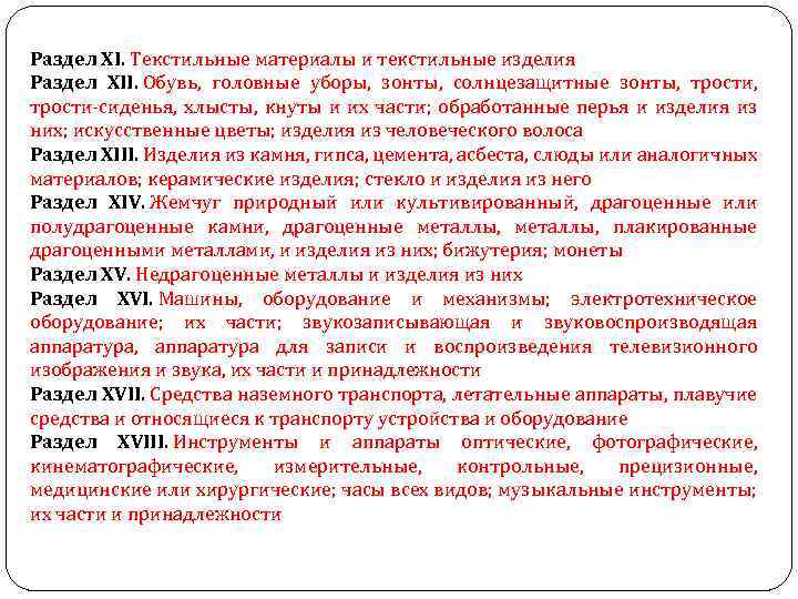 Раздел XI. Текстильные материалы и текстильные изделия Раздел XII. Обувь, головные уборы, зонты, солнцезащитные