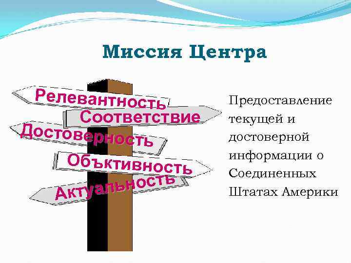 Миссия Центра Релевантность Соответствие Достоверно сть Объктивность ктуаль А Предоставление текущей и достоверной информации