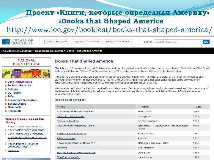 Проект «Книги, которые определили Америку» «Books that Shaped America » http: //www. loc. gov/bookfest/books-that-shaped-america/