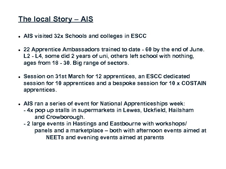 The local Story – AIS visited 32 x Schools and colleges in ESCC 22
