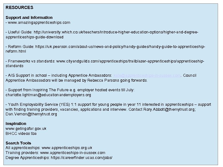 RESOURCES Support and Information - www. amazingapprenticeships. com - Useful Guide: http: //university. which.