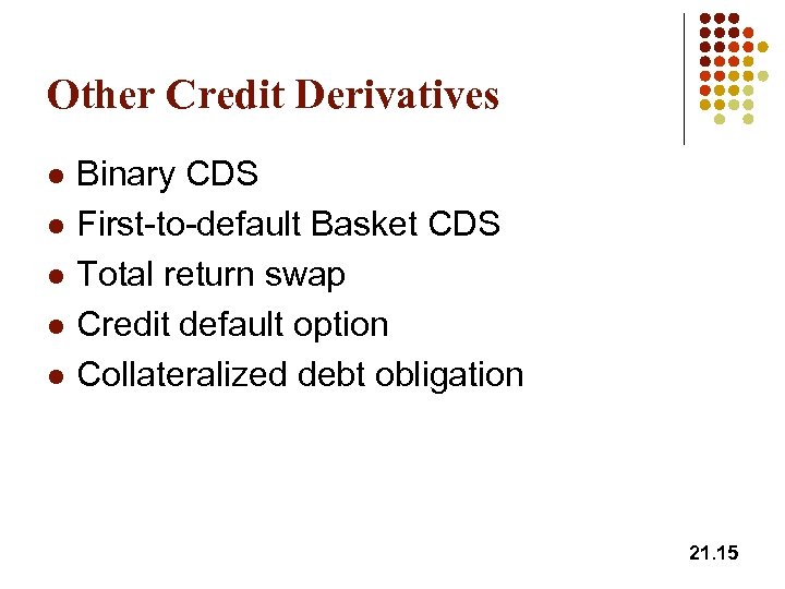 Other Credit Derivatives l l l Binary CDS First-to-default Basket CDS Total return swap