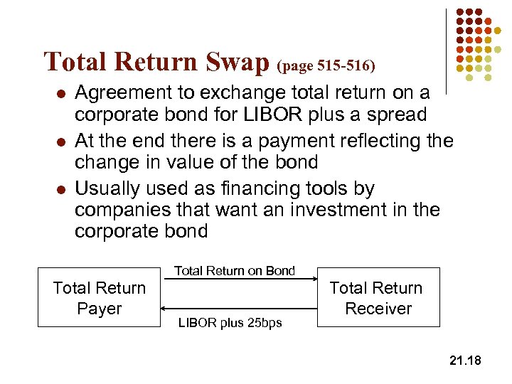 Total Return Swap (page 515 -516) l l l Agreement to exchange total return