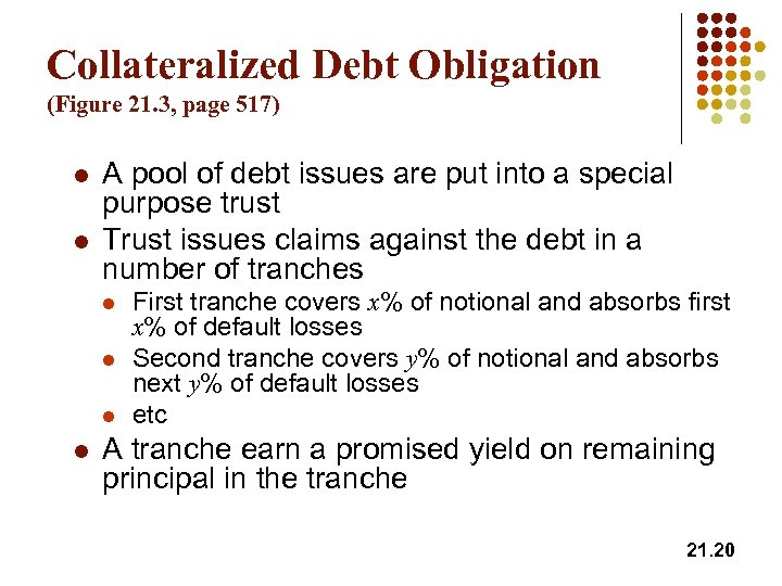 Collateralized Debt Obligation (Figure 21. 3, page 517) l l A pool of debt