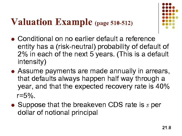 Valuation Example (page 510 -512) Conditional on no earlier default a reference entity has