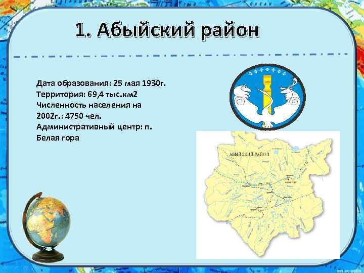 1. Абыйский район Дата образования: 25 мая 1930 г. Территория: 69, 4 тыс. км