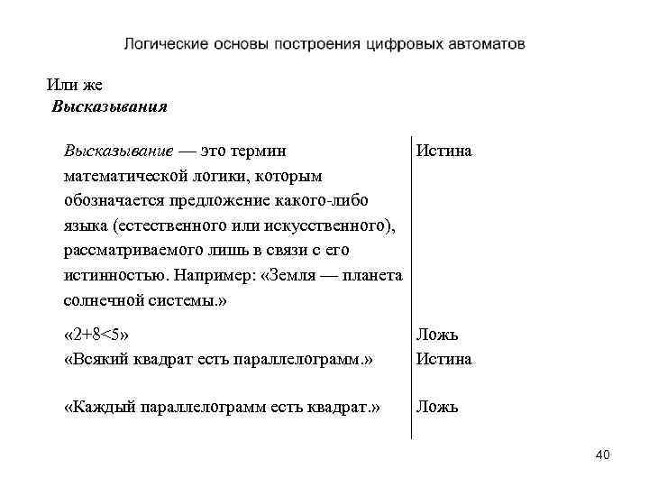 Или же Высказывания Высказывание — это термин Истина математической логики, которым обозначается предложение какого-либо