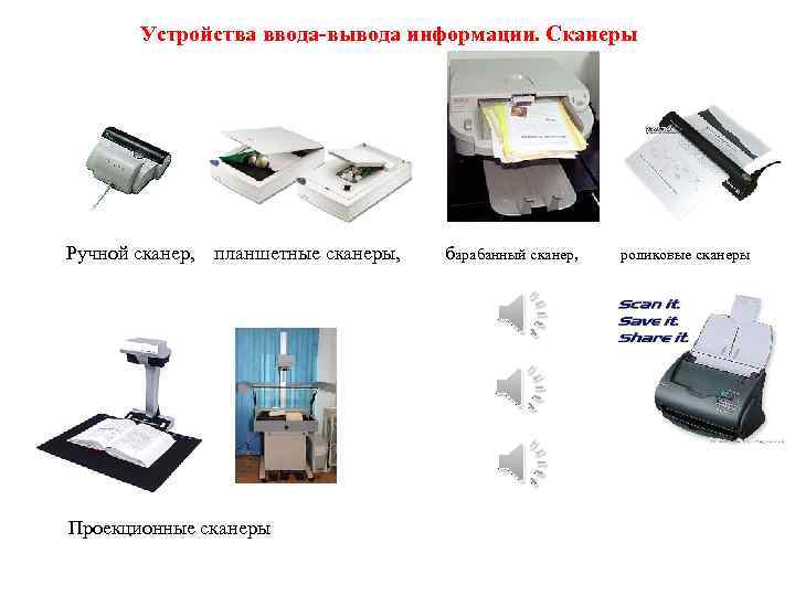 Устройства ввода-вывода информации. Сканеры Ручной сканер, планшетные сканеры, барабанный сканер, роликовые сканеры Проекционные сканеры