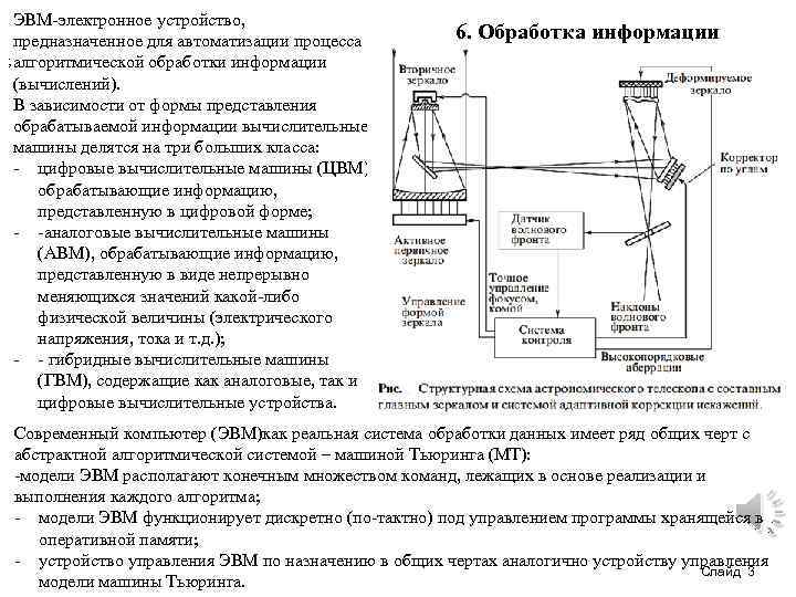 ЭВМ-электронное устройство, предназначенное для автоматизации процесса ; алгоритмической обработки информации (вычислений). В зависимости от