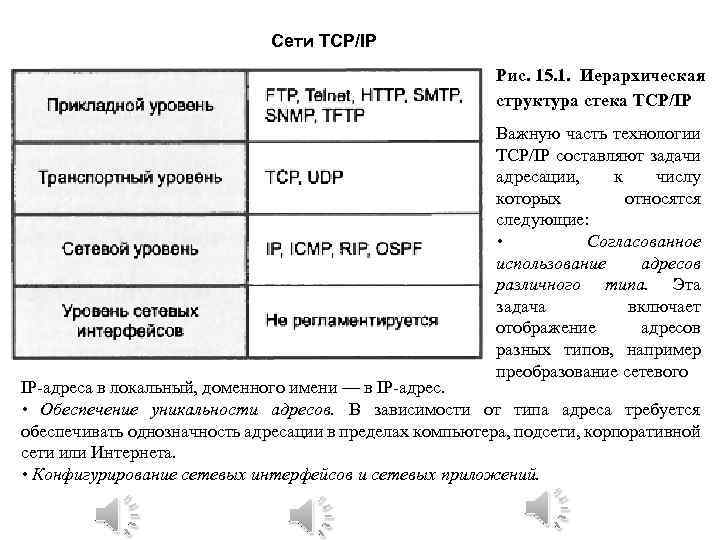 Сети TCP/IP Рис. 15. 1. Иерархическая структура стека TCP/IP Важную часть технологии TCP/IP составляют