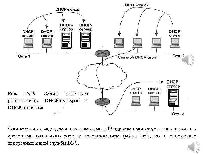 Рис. 15. 10. Схемы взаимного расположения DHCP-серверов и DHCP-клиентов Соответствие между доменными именами и