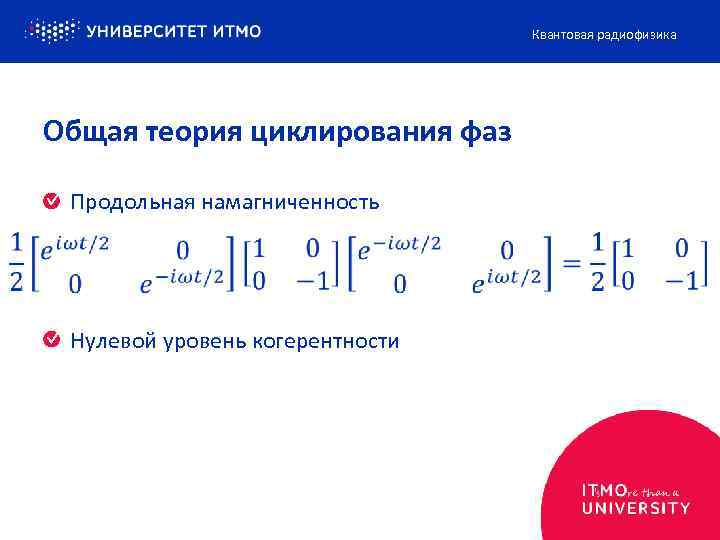 Квантовая радиофизика Общая теория циклирования фаз Продольная намагниченность Нулевой уровень когерентности 