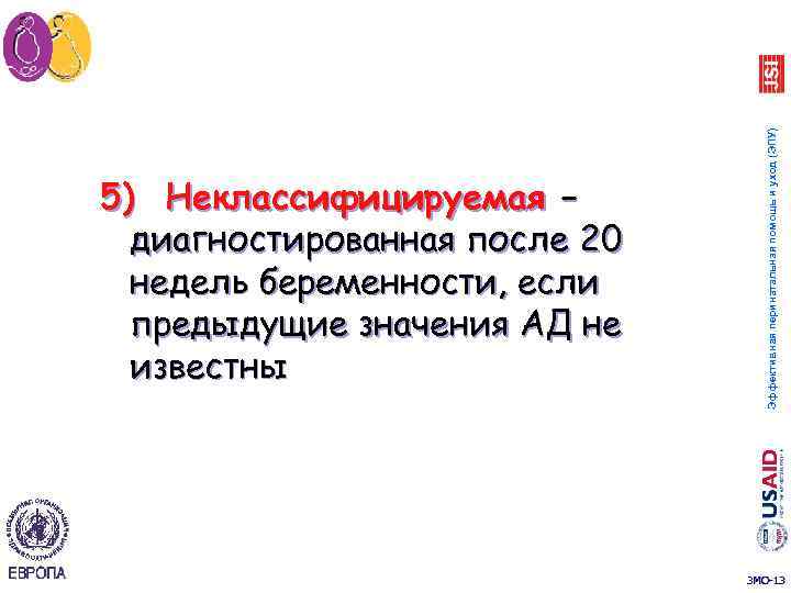 Эффективная перинатальная помощь и уход (ЭПУ) 5) Неклассифицируемая – диагностированная после 20 недель беременности,