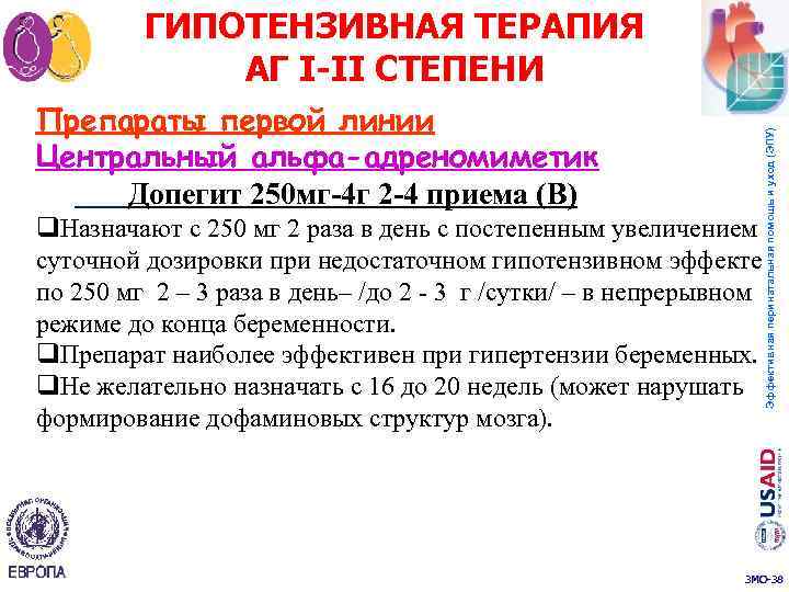 Препараты первой линии Центральный альфа-адреномиметик Допегит 250 мг-4 г 2 -4 приема (B) Эффективная