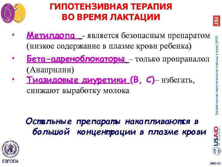  • Метилдопа является безопасным препаратом (низкое содержание в плазме крови ребенка) • Бета-адреноблокаторы