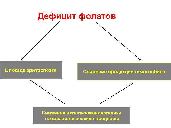 Дефицит фолатов Блокада эритопоэза Блокада эритропоэза Снижение продукции гемоглобина Снижение использования железа на физиологические