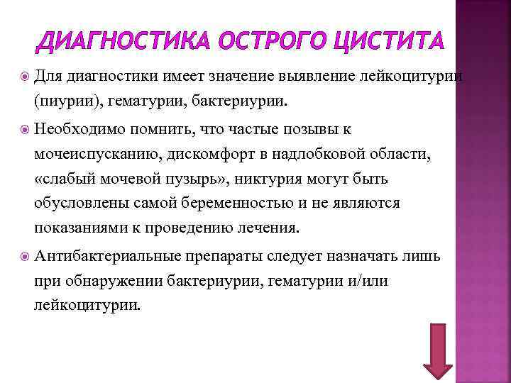 ДИАГНОСТИКА ОСТРОГО ЦИСТИТА Для диагностики имеет значение выявление лейкоцитурии (пиурии), гематурии, бактериурии. Необходимо помнить,