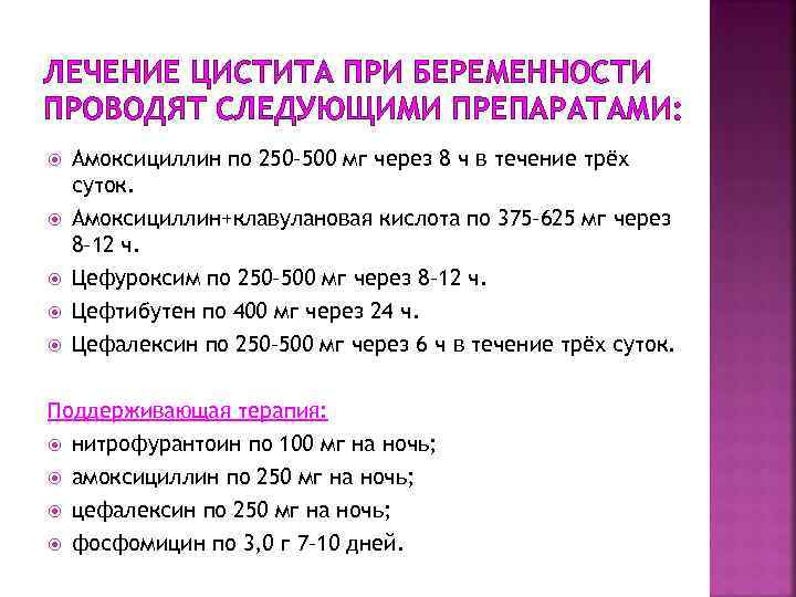 ЛЕЧЕНИЕ ЦИСТИТА ПРИ БЕРЕМЕННОСТИ ПРОВОДЯТ СЛЕДУЮЩИМИ ПРЕПАРАТАМИ: Амоксициллин по 250– 500 мг через 8