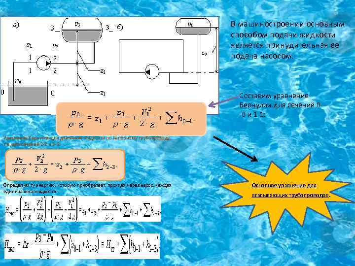В машиностроении основным способом подачи жидкости является принудительная ее подача насосом. Составим уравнение Бернулли
