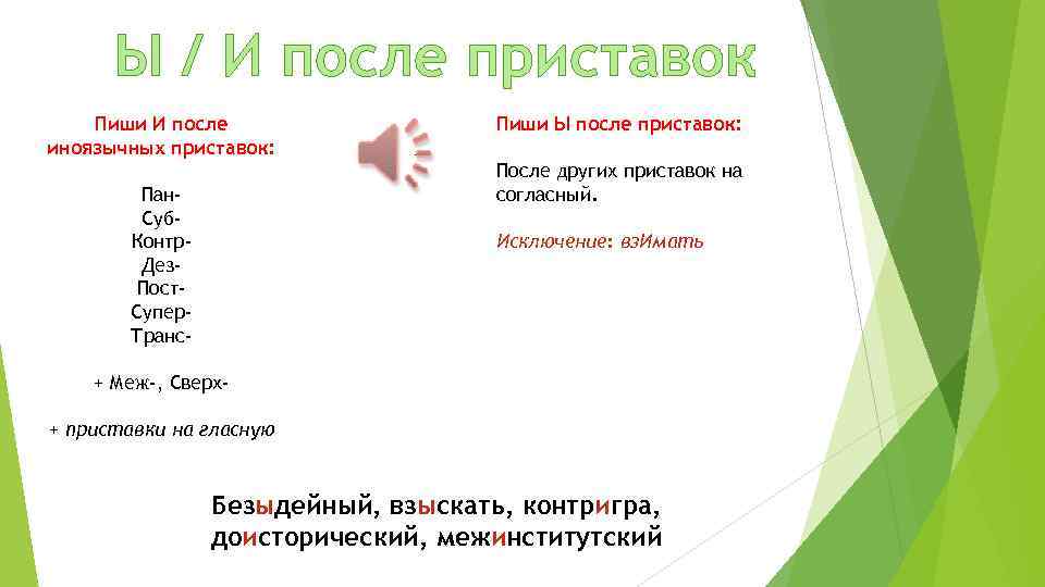 Ы / И после приставок Пиши И после иноязычных приставок: Пиши Ы после приставок: