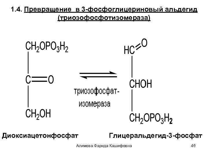 1. 4. Превращение в 3 -фосфоглицериновый альдегид (триозофосфотизомераза) Диоксиацетонфосфат Глицеральдегид-3 -фосфат Алимова Фарида Кашифовна