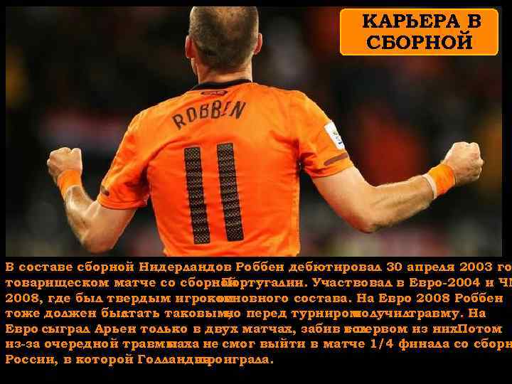 КАРЬЕРА В СБОРНОЙ В составе сборной Нидерландов Роббен дебютировал 30 апреля 2003 го товарищеском
