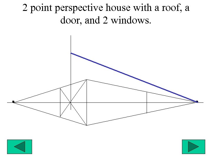 2 point perspective house with a roof, a door, and 2 windows. 