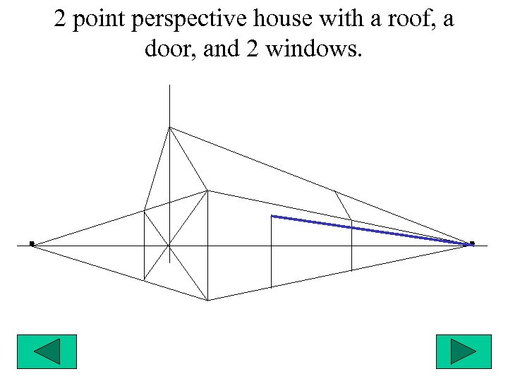 2 point perspective house with a roof, a door, and 2 windows. 