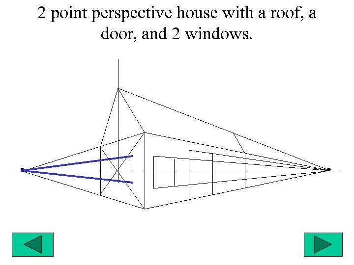 2 point perspective house with a roof, a door, and 2 windows. 