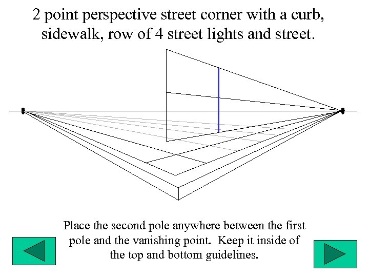 2 point perspective street corner with a curb, sidewalk, row of 4 street lights