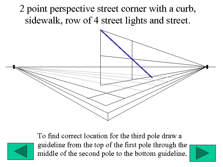 2 point perspective street corner with a curb, sidewalk, row of 4 street lights