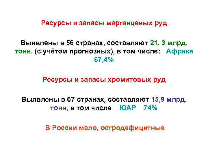 Ресурсы и запасы марганцевых руд Выявлены в 56 странах, составляют 21, 3 млрд. тонн.