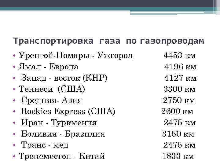 Транспортировка газа по газопроводам • • • Уренгой-Помары - Ужгород Ямал - Европа Запад