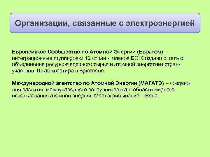 Организации, связанные с электроэнергией Европейское Сообщество по Атомной Энергии (Евратом) – интеграционные группировки 12