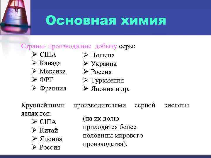 Основная химия Страны- производящие добычу серы: Ø США Ø Польша Ø Канада Ø Украина