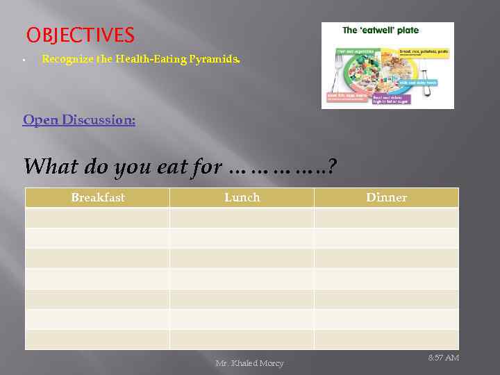 OBJECTIVES • Recognize the Health-Eating Pyramids. Open Discussion: What do you eat for ………….