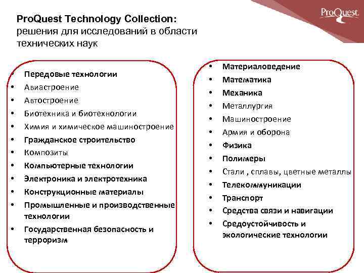 Pro. Quest Technology Collection: решения для исследований в области технических наук • • •