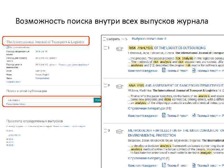 Возможность поиска внутри всех выпусков журнала 