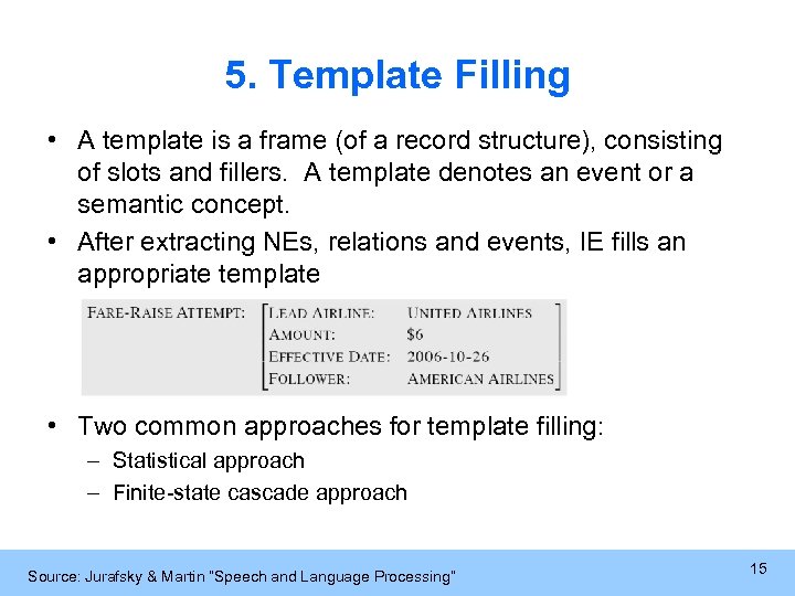 5. Template Filling • A template is a frame (of a record structure), consisting